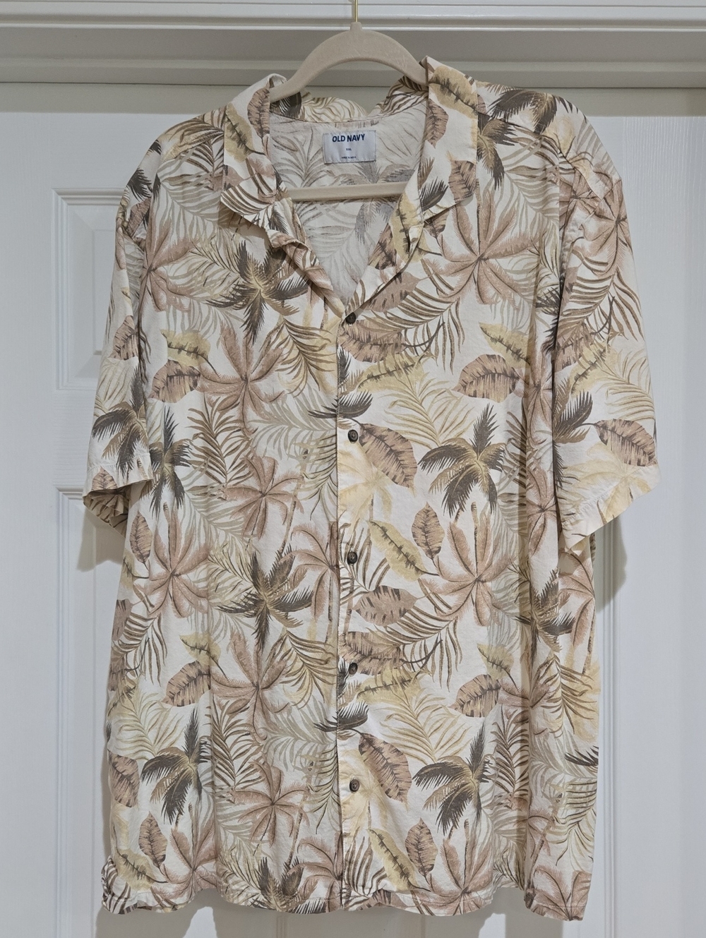 Old Navy Mens Beige and Brown Tropical Palm Cotton Blend Button-Up Shirt XXL